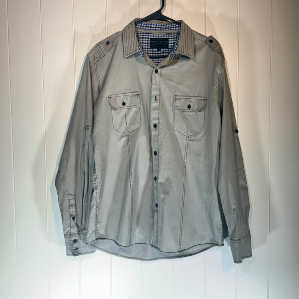No Retreat Black Label Mens XL Grey Micro Stripe Roll Tab Button Down Shirt